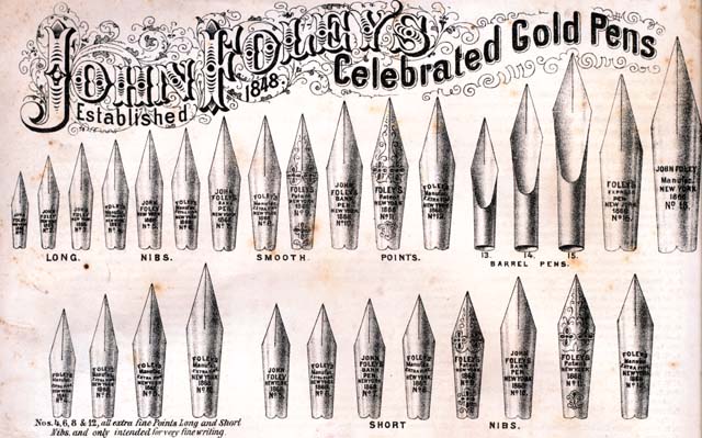 Illustration of available pen points from the1853 Foley Pamphlet