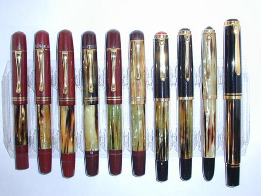 From the collection of Rick Propas/photography by Rick Propas. Tray of Pelikan pens in tortoise. Circa 1934-1987.
