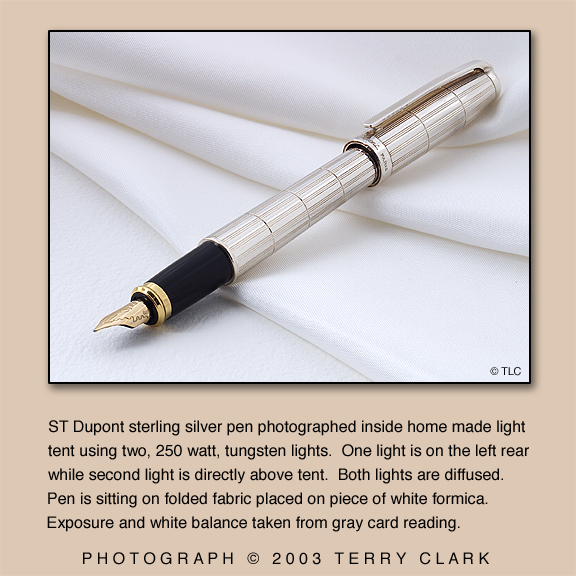 ST Dupont sterling silver pen photographed inside home made light tent using two, 250 watt, tungsten lights.